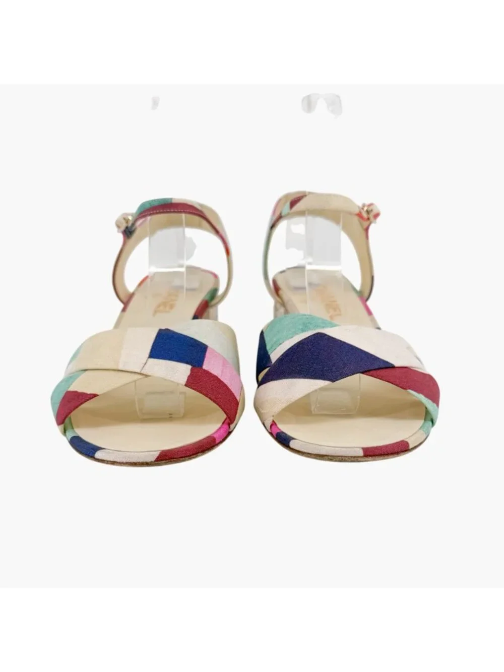 Chanel CC Patchwork Canvas Flower Block Heel Sandals Size 40 US 9-9.5 Multicolor